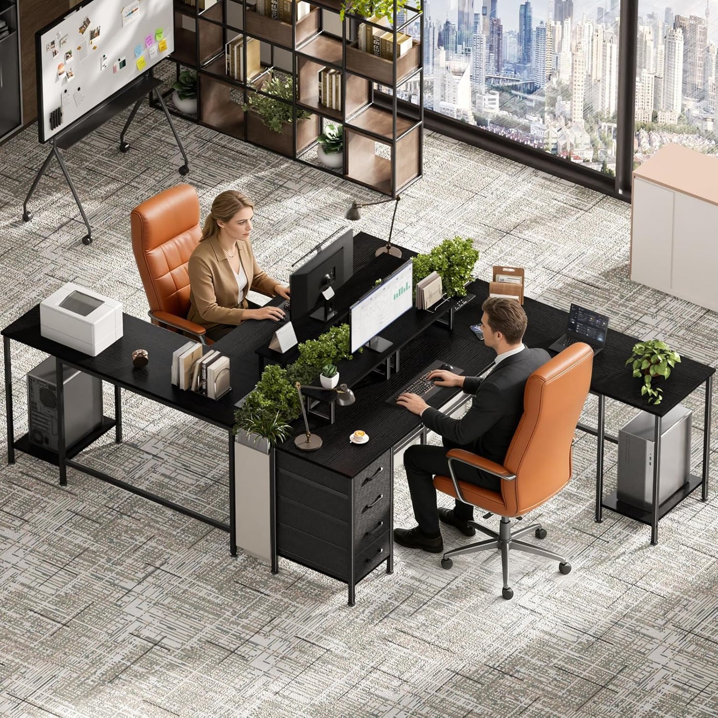 Korfile 59 inch L Shaped Computer Desk with Power Outlets, Home Office Desk with 4 Adjustable Storage Drawers & 2 Monitor Stands, Two Person Gaming Table for Bedroom, Black