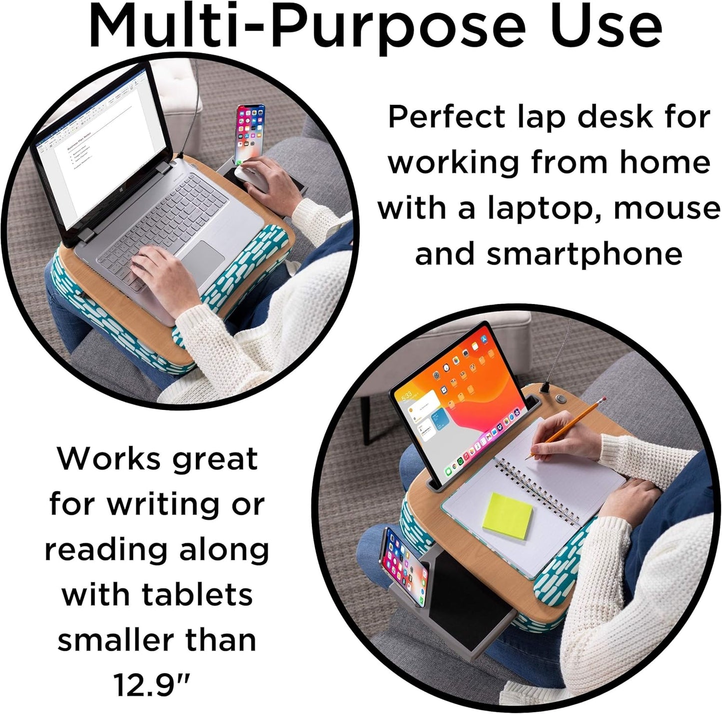 BIRDROCK HOME Deluxe Lap Desk with Pillow Cushion and Wrist Rest - Padded Laptop Desk for Bed, USB Light and Mouse Pad, With Reading Light, Soft Table for Home, Fits Laptops Up to 15" - Teal and Brown