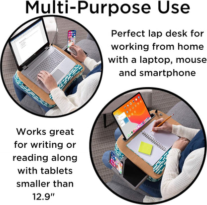BIRDROCK HOME Deluxe Lap Desk with Pillow Cushion and Wrist Rest - Padded Laptop Desk for Bed, USB Light and Mouse Pad, With Reading Light, Soft Table for Home, Fits Laptops Up to 15" - Teal and Brown