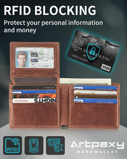 Mens Wallet With AirTag Holder, Bifold Leather RFID Blocking 1-2 ID Windows 12-13 Card Holders, Gift Box and Screen Protector Included, AirTag Not Included