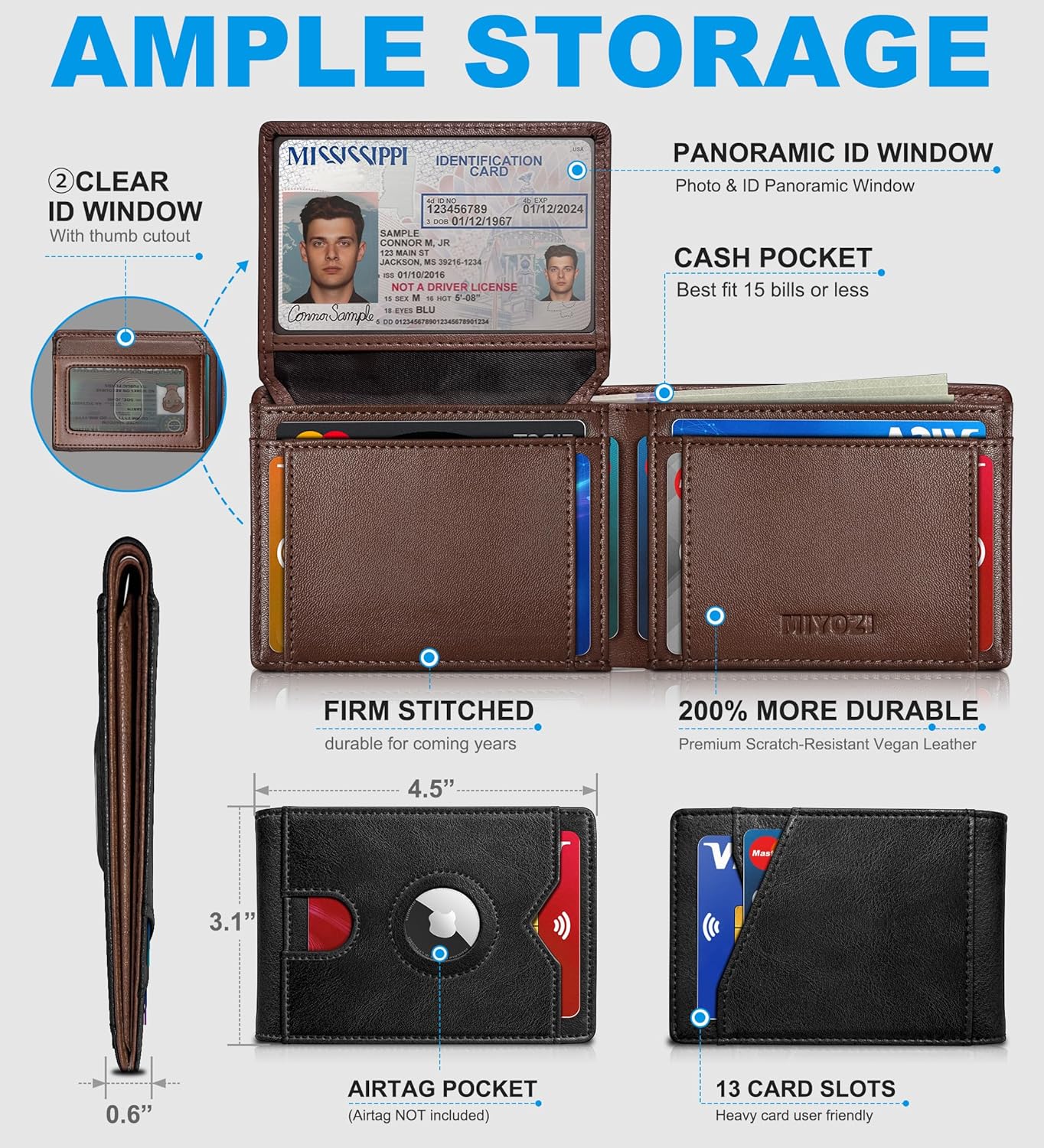 miyozi AirTag Wallet for Men, Slim Leather Bifold with Holder Slot, 2 ID Windows & 13 Card Slots, RFID Blocking Front Pocket Wallet with Gift Box