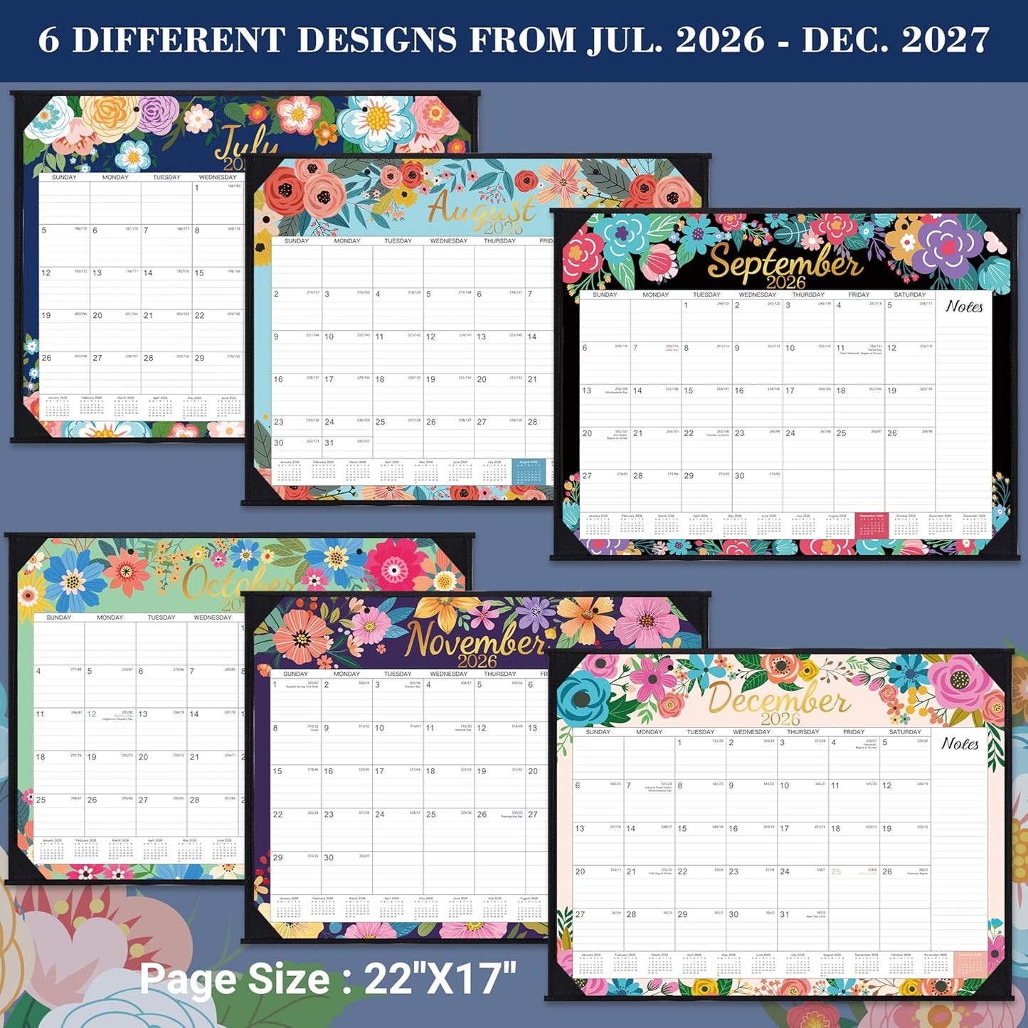 2026-2027 Desk Calendar - Large Desk Calendar 2026-2027, JUL 2026 - DEC 2027, 22" x 17", 18 Months Calendar Large, Desk/Wall Calendar 2-IN-1 with Corner Protectors, Desk Pad, To-Do List & Notes - Blue