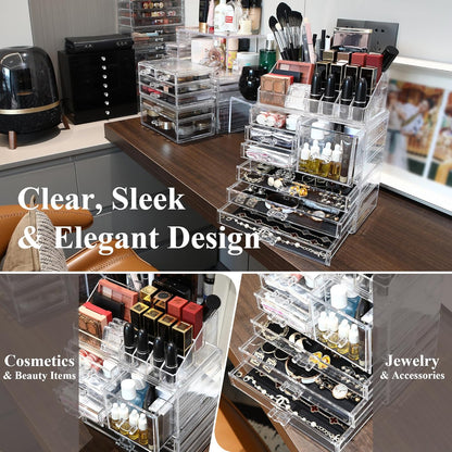 Sea Team Clear Makeup Organizer with Drawers, Acrylic Plastic Cosmetic Display Case, Jewelry Storage Box, Holder for Dresser, Bathroom, Vanity, Countertop (3 Middle Drawers)