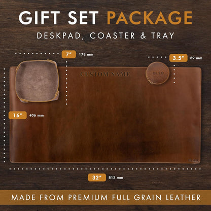 Elizo Real Leather Desk Mat Set (32x16) Large Desk Cover Desk Blotter Protector Computer Gaming Mouse Pad Table Laptop Office Desktop Accessories
