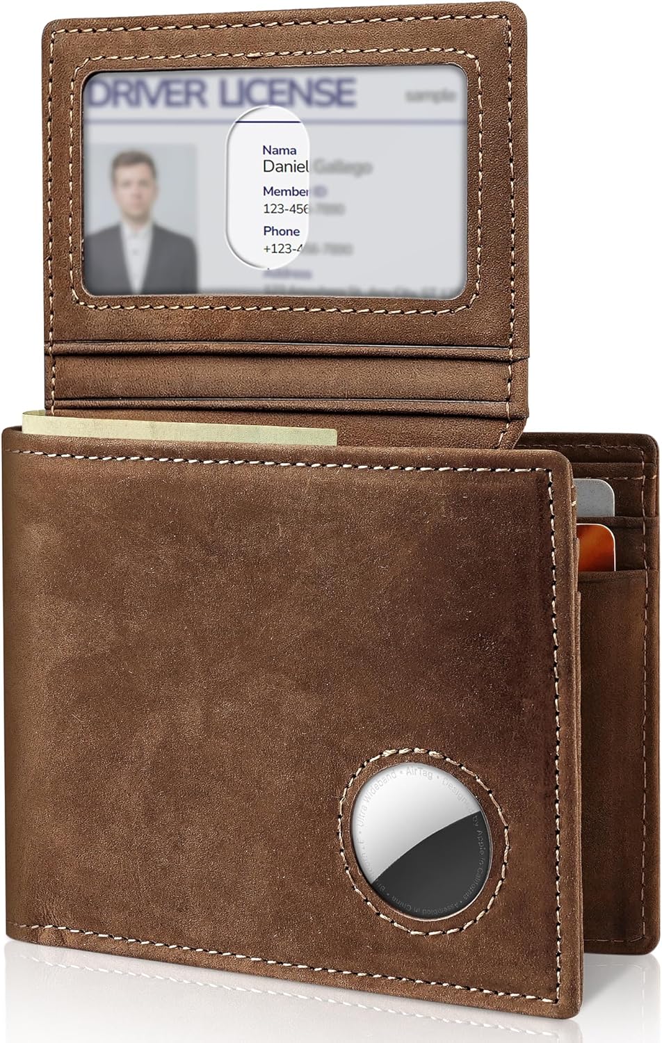 Mens Wallet With AirTag Holder, Bifold Leather RFID Blocking 1-2 ID Windows 12-13 Card Holders, Gift Box and Screen Protector Included, AirTag Not Included
