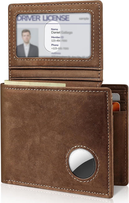 Mens Wallet With AirTag Holder, Bifold Leather RFID Blocking 1-2 ID Windows 12-13 Card Holders, Gift Box and Screen Protector Included, AirTag Not Included