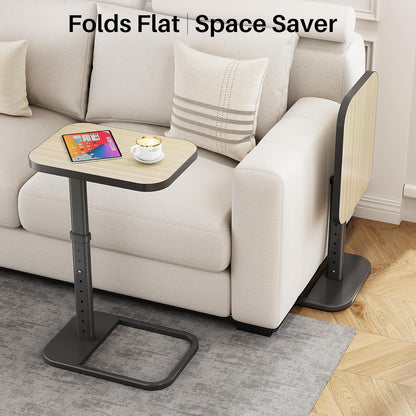 Kitstorack TV Tray Table, Adjustable Height & Flip-Top & Rounded Metal Corners, Snack Table for Couch, Sofa, Bed, Chair, Living Room, C Shaped End Side Table for Eating, Dinner or Laptop, Small Spaces