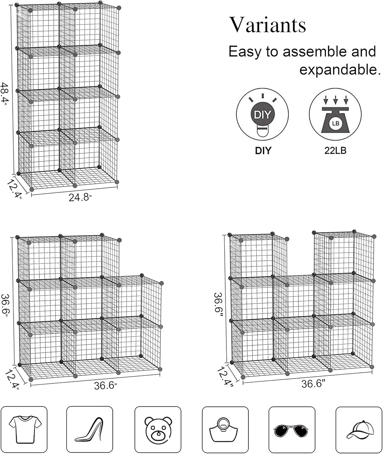 C&AHOME Wire Cube Storage, 6 - Cube Organizer Metal C Grids, Modular Shelves Units, Storage Bins Shelving, Closet Organizer, Ideal for Home, Office, Living Room, 36.6”L x 12.4”W x 36.6”H Black