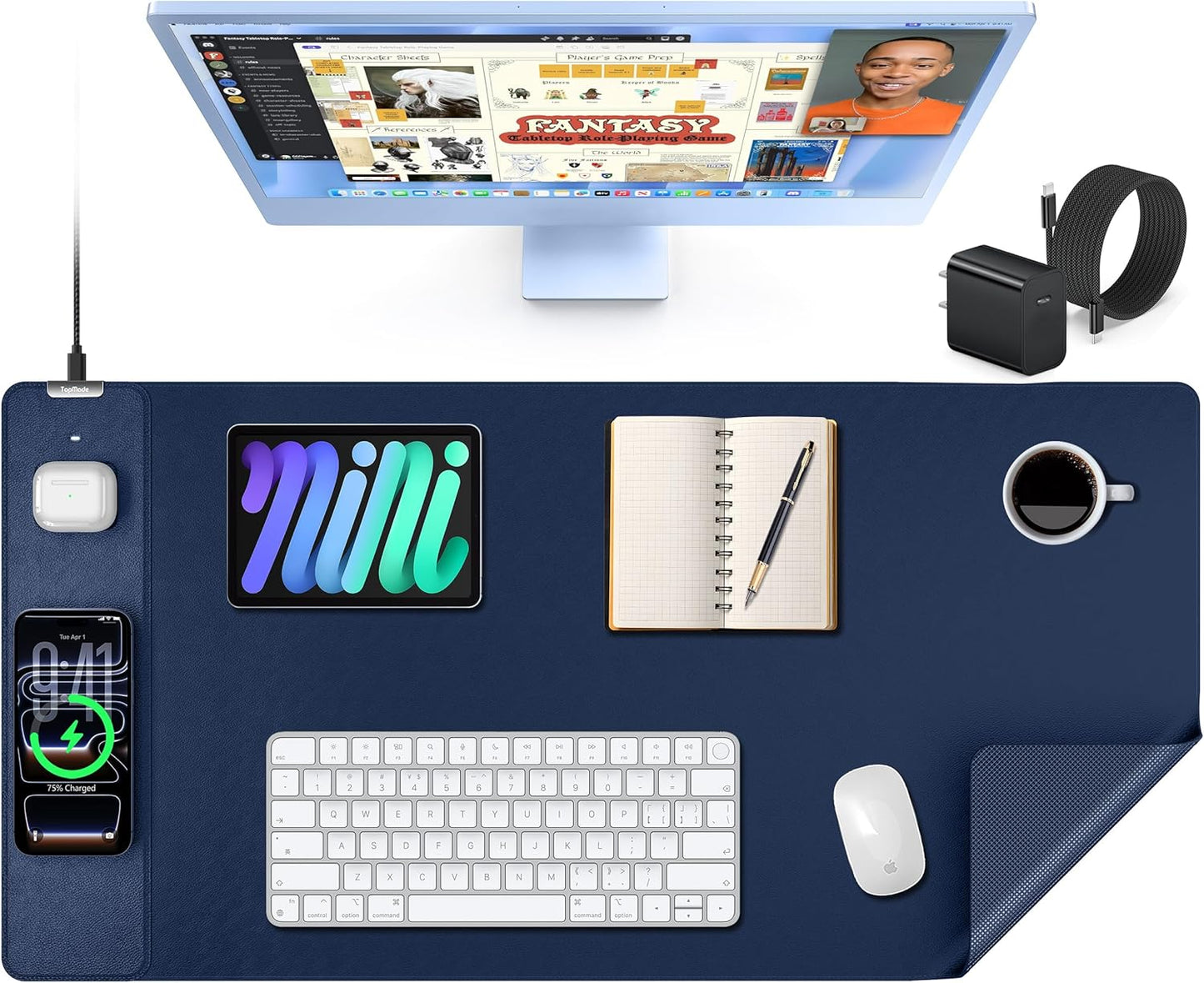 TopMade Mouse Pad with 15W Wireless Charging, XXL Large Leather Desk Mat, Waterproof Gaming Mousepad Home Office Desk Pad Protector, Computer Keyboard Pad, Mouse Mat for MacBook, PC, Laptop, Black
