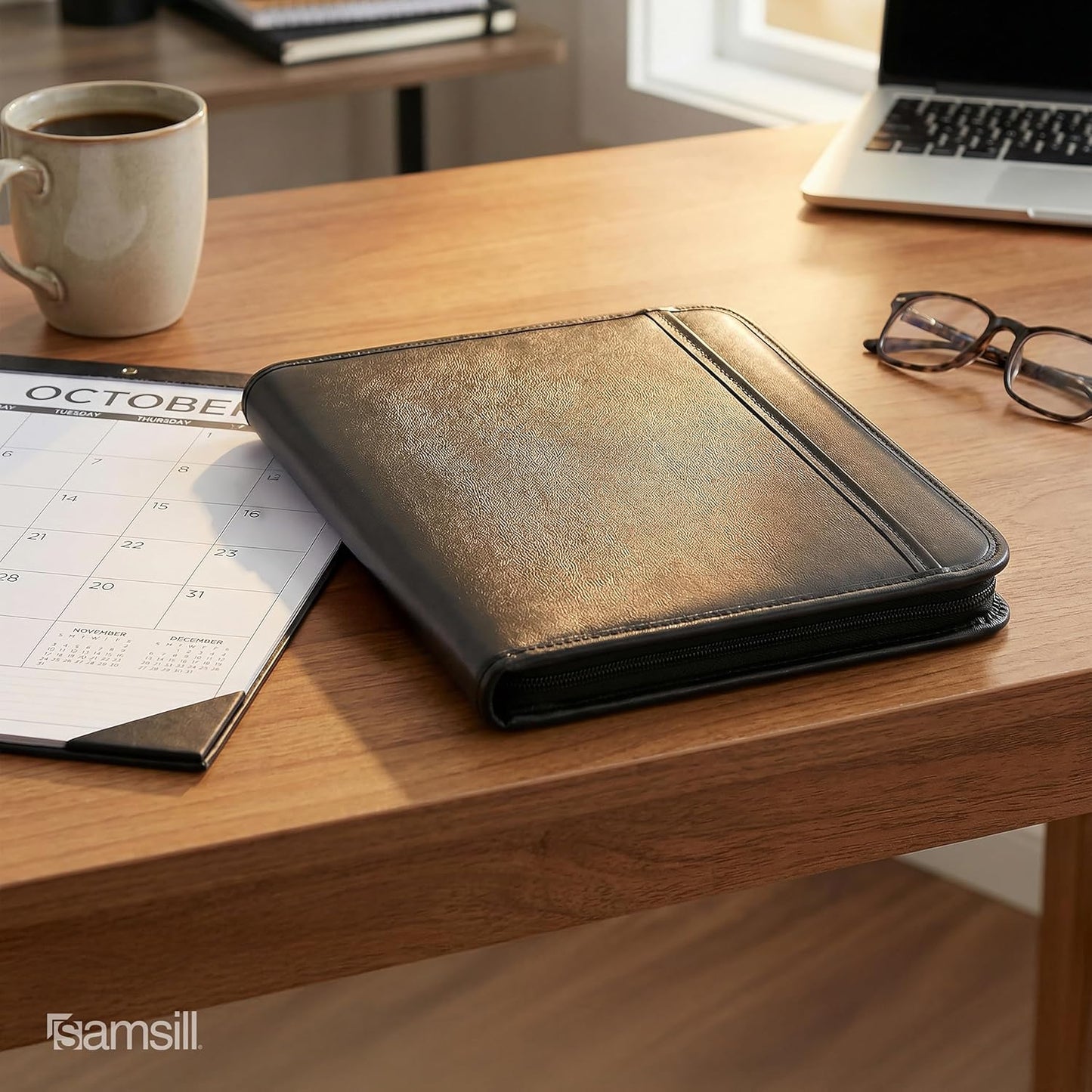Samsill Professional Padfolio, Faux Leather Junior Portfolio with Zipper, 10.1 Inch Tablet Sleeve, with 7 x 10 Inch Notepad, Black