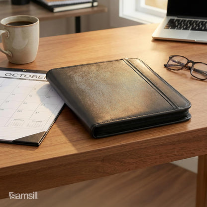 Samsill Professional Padfolio, Faux Leather Junior Portfolio with Zipper, 10.1 Inch Tablet Sleeve, with 7 x 10 Inch Notepad, Black