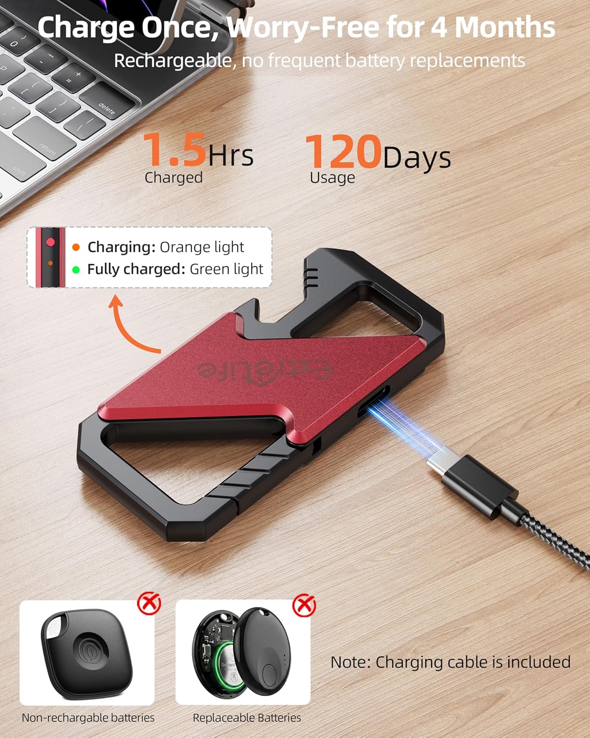 Keychain, Works with Apple Find My, Heavy Duty Keychain Bottle Opener, Carabiner Car Key Chains for Men & Women, Car Key Fob Holder, Anti-Lost Keys Tracker, Smart Keys Finder, Rechargeable, Black