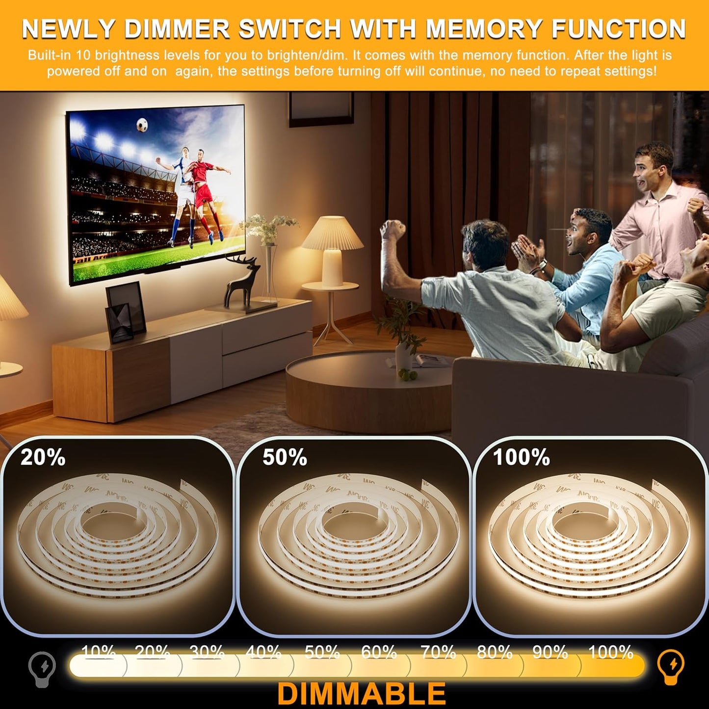 PAUTIX COB LED Strip Lights 5V USB Powered Dotless Super Bright Dimmable LED Lights 3000K Warm White 6.56ft TV Backlights,Flexible 3M Adhesive Under Cabinet Light for Bedroom,Kitchen,Shelf Lighting