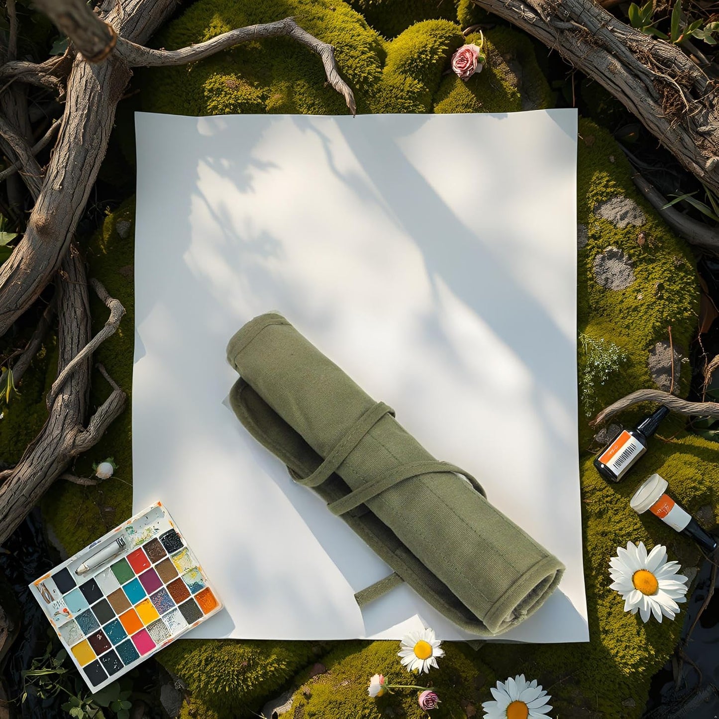 22 Slots Paint Brush Storage for Acrylic Oil Watercolor Brush Roll up Case Army Green Canvas Paint Brush Holder (13 * 15.7IN)