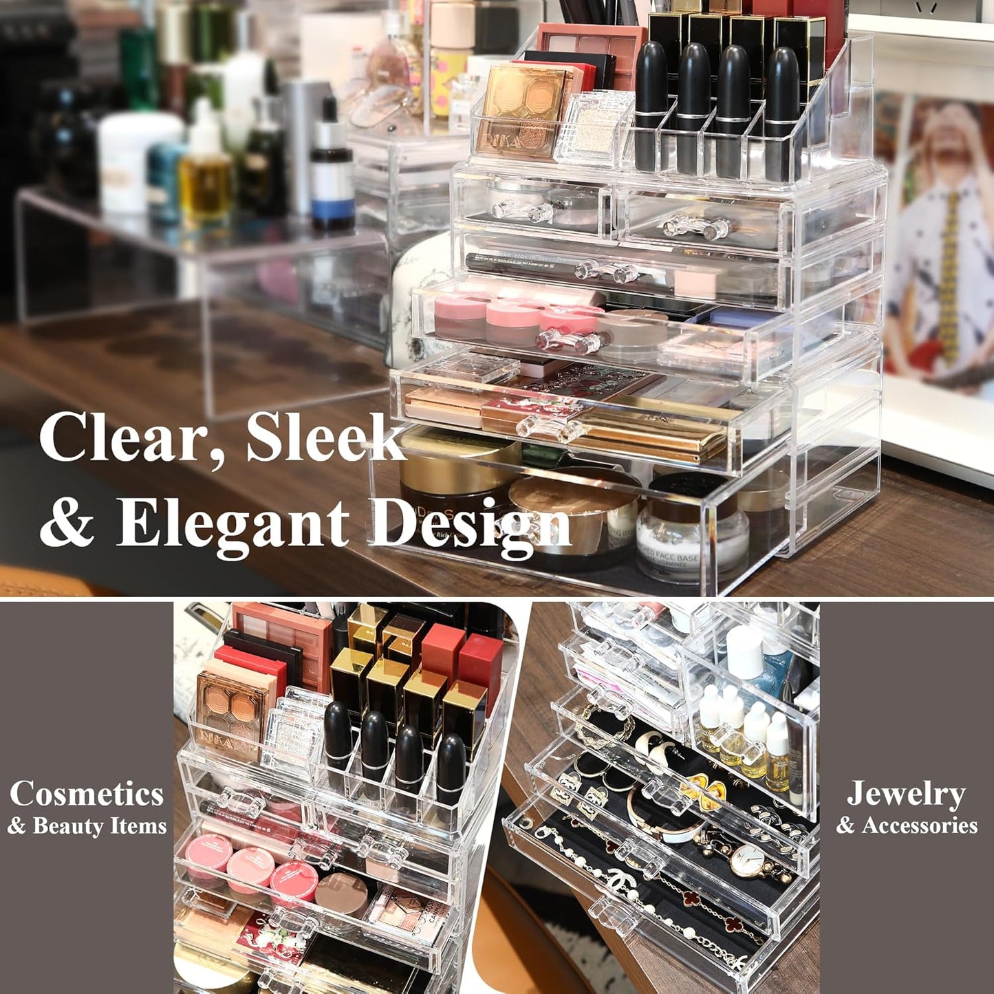 Sea Team Clear Makeup Organizer with Drawers, Acrylic Plastic Cosmetic Display Case, Jewelry Storage Box, Holder for Dresser, Bathroom, Vanity, Countertop (3 Middle Drawers)