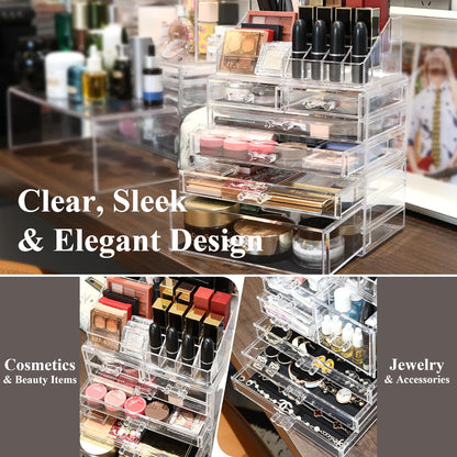 Sea Team Clear Makeup Organizer with Drawers, Acrylic Plastic Cosmetic Display Case, Jewelry Storage Box, Holder for Dresser, Bathroom, Vanity, Countertop (3 Middle Drawers)