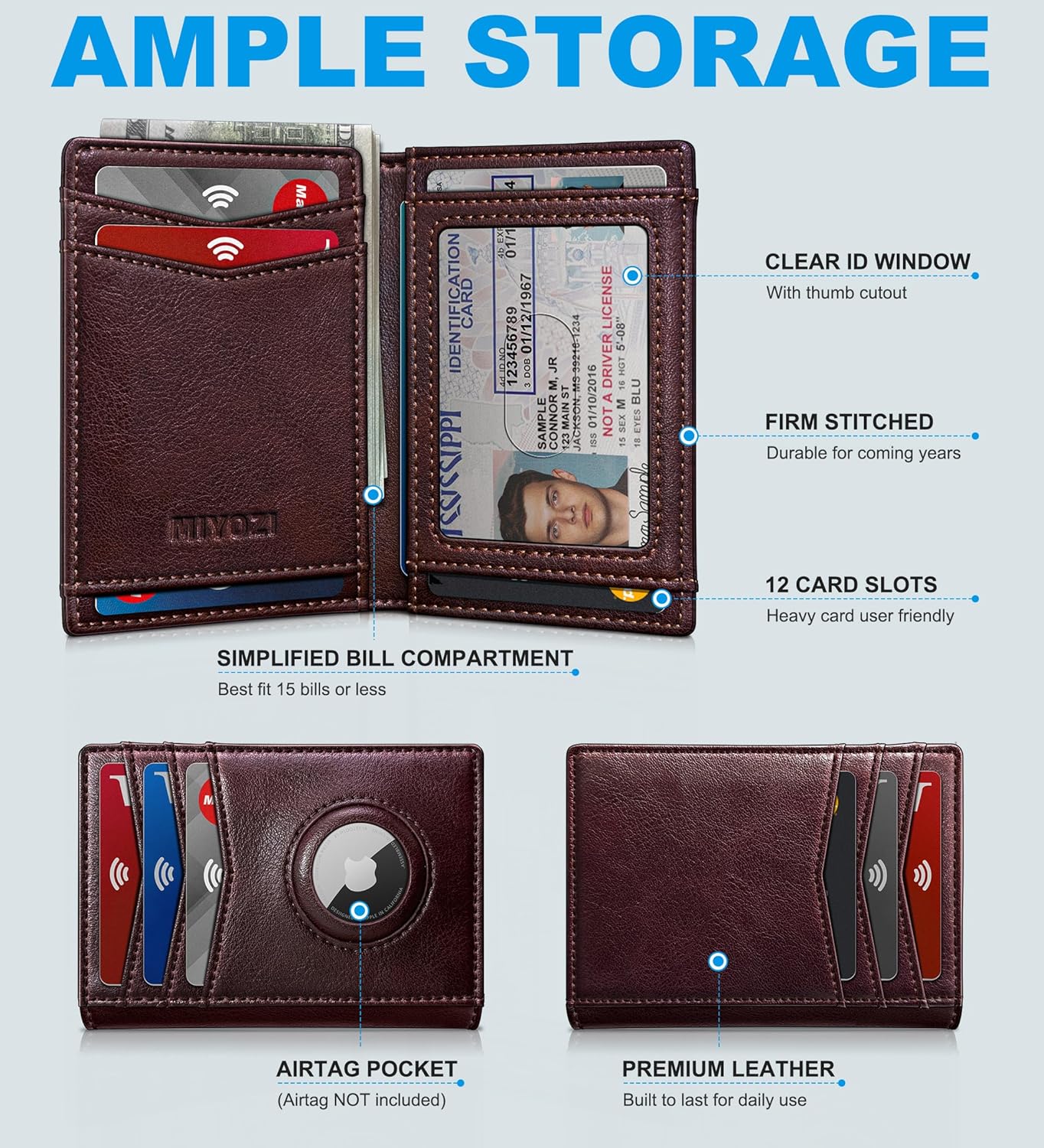 miyozi Airtag Slim Leather Wallet for Men - 12-Card Capacity, Magnetic Closure, Money Clip & Simplified Bill Compartment, RFID Blocking (4.3" x 3.0") | Gift Boxed