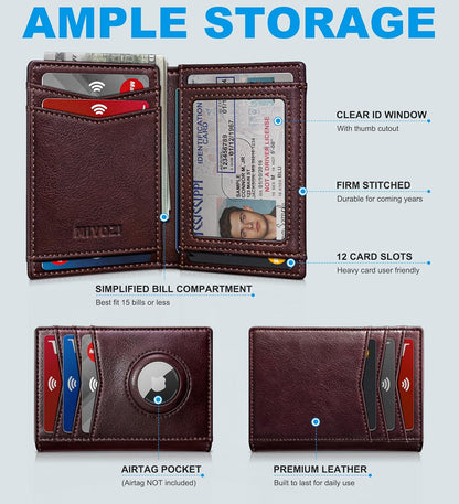miyozi Airtag Slim Leather Wallet for Men - 12-Card Capacity, Magnetic Closure, Money Clip & Simplified Bill Compartment, RFID Blocking (4.3" x 3.0") | Gift Boxed