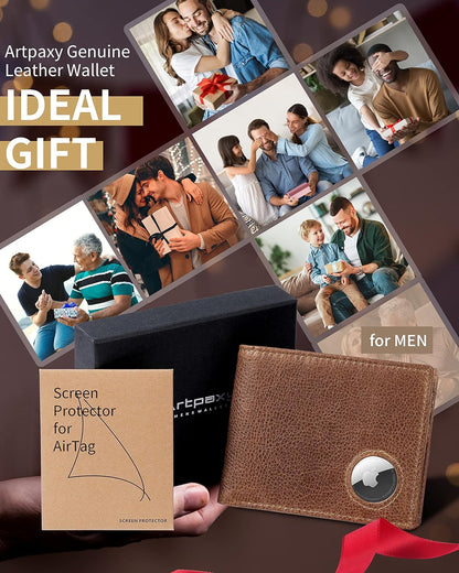 Mens Wallet With AirTag Holder, Bifold Leather RFID Blocking 1-2 ID Windows 12-13 Card Holders, Gift Box and Screen Protector Included, AirTag Not Included