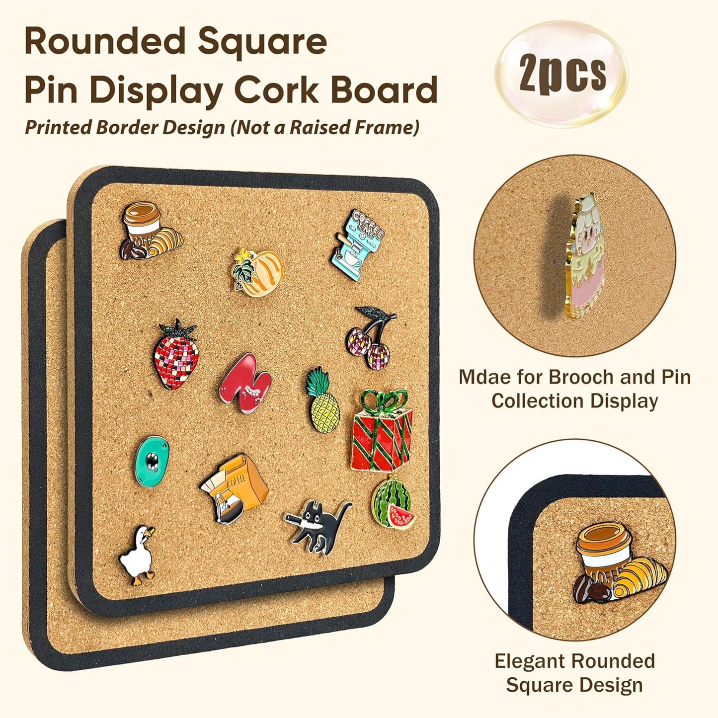 1pcs Rounded Square Pin Display Cork Board - 7.9x7.9 inch Enamel Pin Board for Brooch and Pin Collection Display, Ideal for Home, Office and School Decor