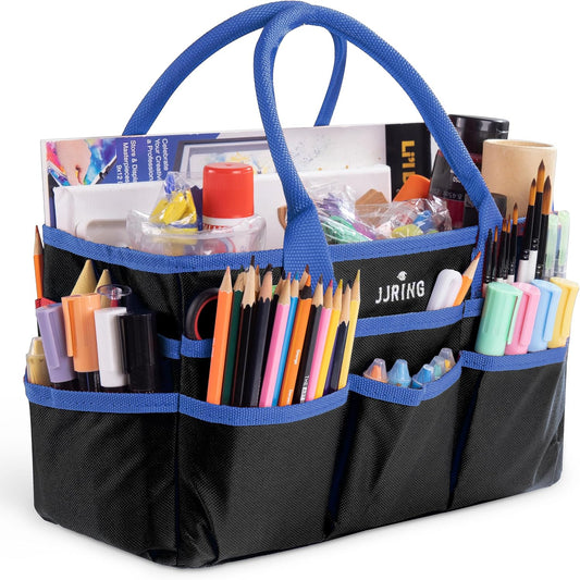 Jjring Craft and Art Organizer Tote Bag - 600D Silver Nylon Fabric Art Caddy with Pockets - for Art, Craft, Sewing, Medical, and Office Supplies Storage