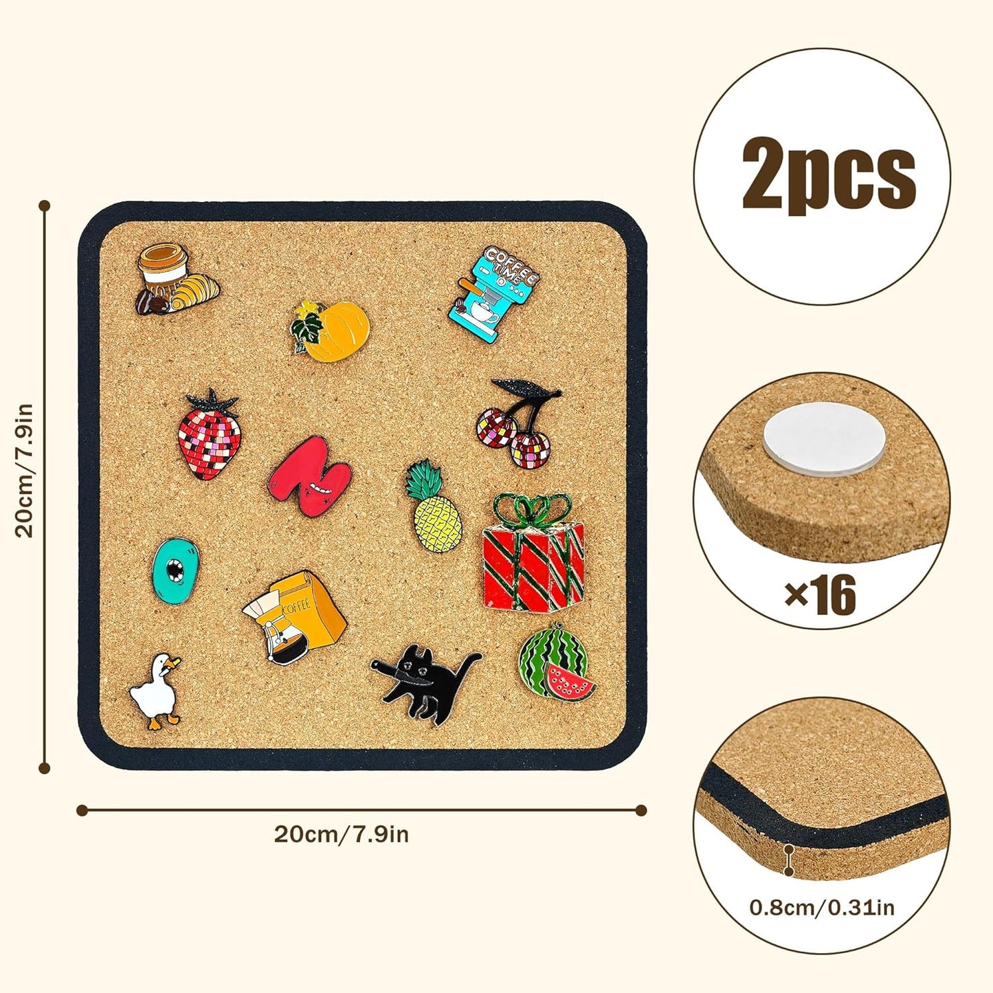 1pcs Rounded Square Pin Display Cork Board - 7.9x7.9 inch Enamel Pin Board for Brooch and Pin Collection Display, Ideal for Home, Office and School Decor