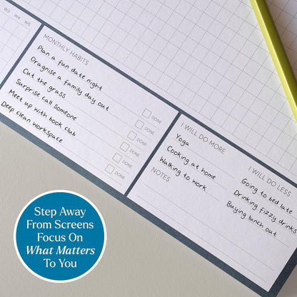 Habit Tracker Hero Desk Pad by Clear Mind Concepts® – 24 Monthly Undated Tear-Off Sheets - 160gsm Thick Paper - Includes Daily & Weekly Sections - A4 Size (Grey Blue, A4 Landscape)