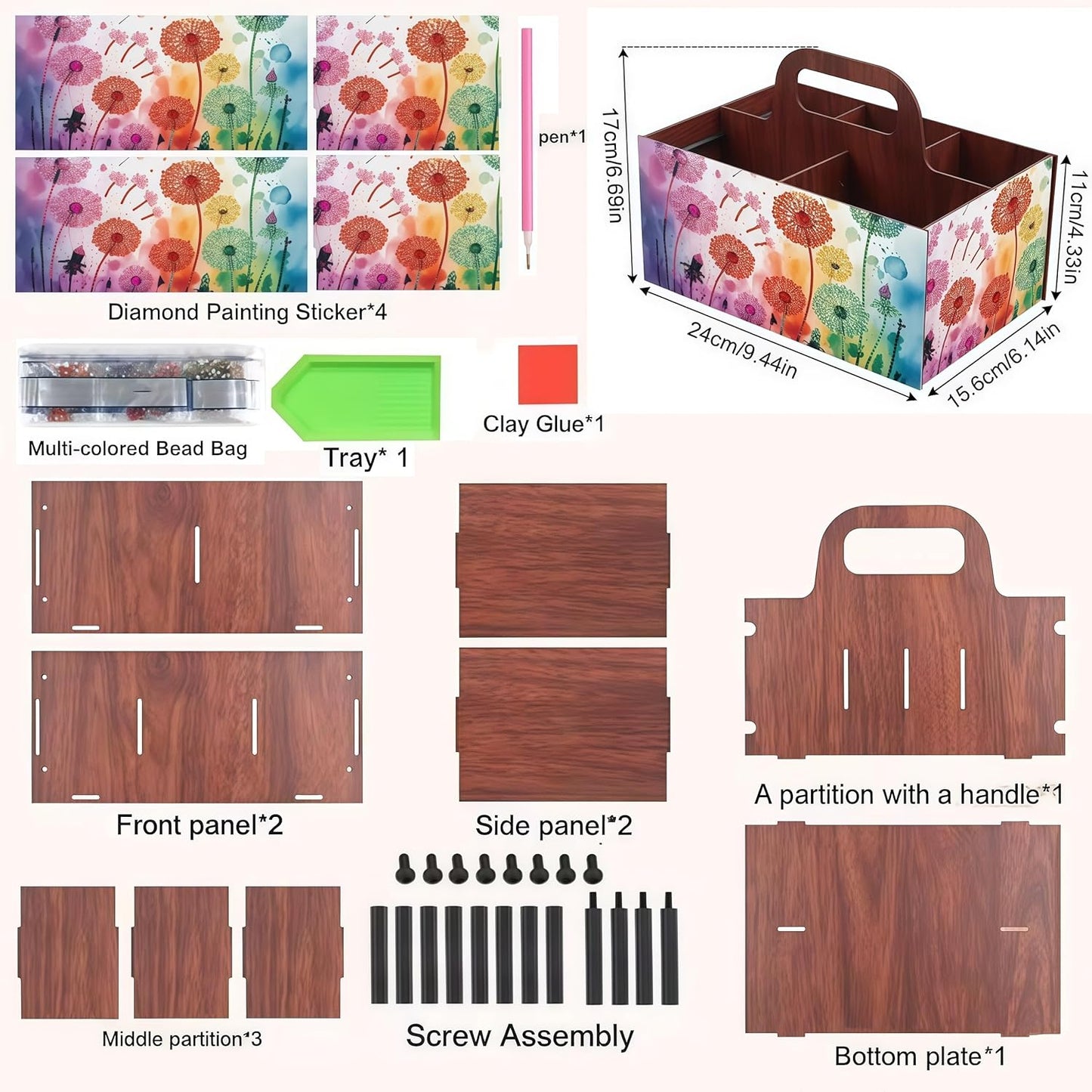 LSQFS DIY Diamond Painting Storage Box, Wooden Multi-Grid Organizer with Handle, Portable Desktop Caddy for Art Kits, Craft Tools, Makeup Brushes, Stationery Home Office