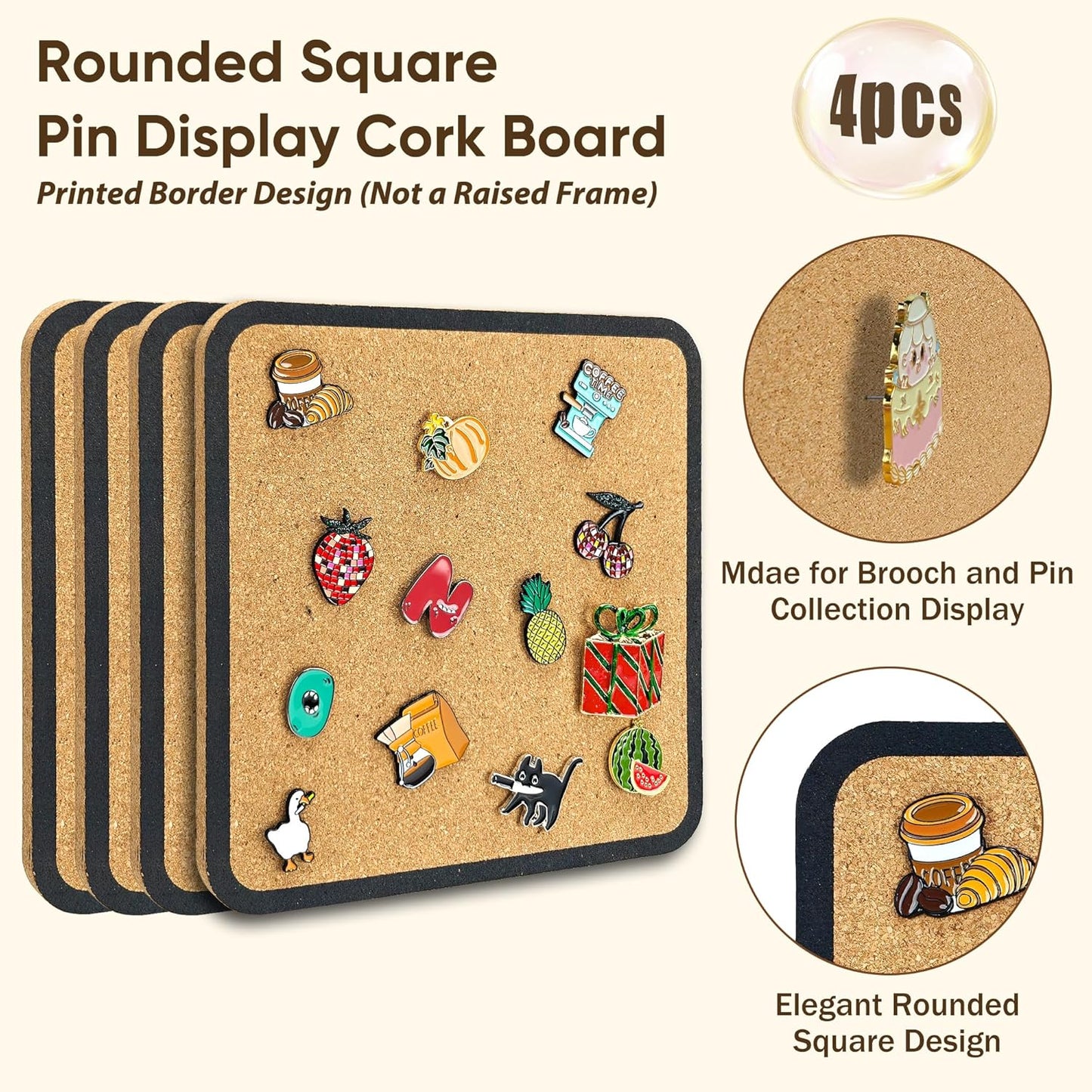 1pcs Rounded Square Pin Display Cork Board - 7.9x7.9 inch Enamel Pin Board for Brooch and Pin Collection Display, Ideal for Home, Office and School Decor