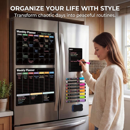 Magnetic Calendar for Refrigerator (3-Pack, Ships Flat) - 17"x12" Monthly, Weekly & Daily Planner with Lined Grids - Nano-Tech Dry Erase Board Fridge Whiteboard, 8 Markers & Eraser