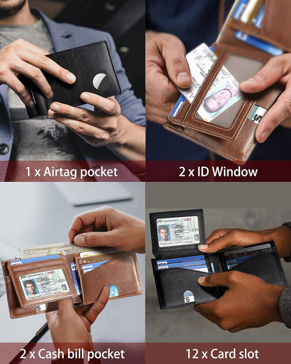 Mens Wallet With AirTag Holder, Bifold Leather RFID Blocking 1-2 ID Windows 12-13 Card Holders, Gift Box and Screen Protector Included, AirTag Not Included