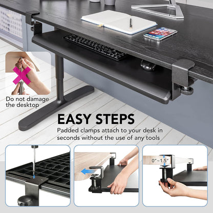 EHO Large Ergonomic C-Clamp Keyboard Tray Mount Under Desk with Wrist Rest, Slide-Out Platform 27.5" (31.8" Including Clamps) x 12.5", Pull Out Keyboard & Mouse Tray for Home or Office, Black