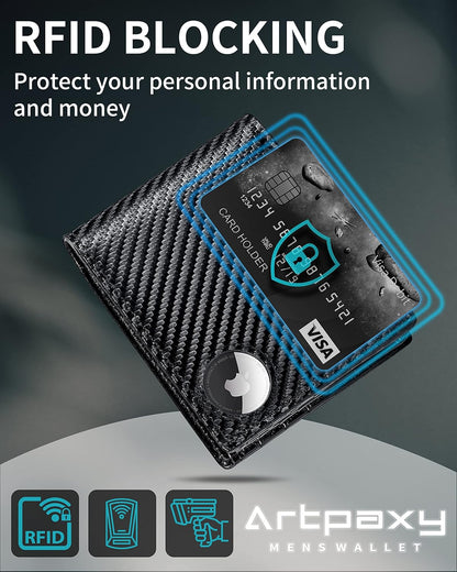 Mens Wallet With AirTag Holder, Bifold Leather RFID Blocking 1-2 ID Windows 12-13 Card Holders, Gift Box and Screen Protector Included, AirTag Not Included