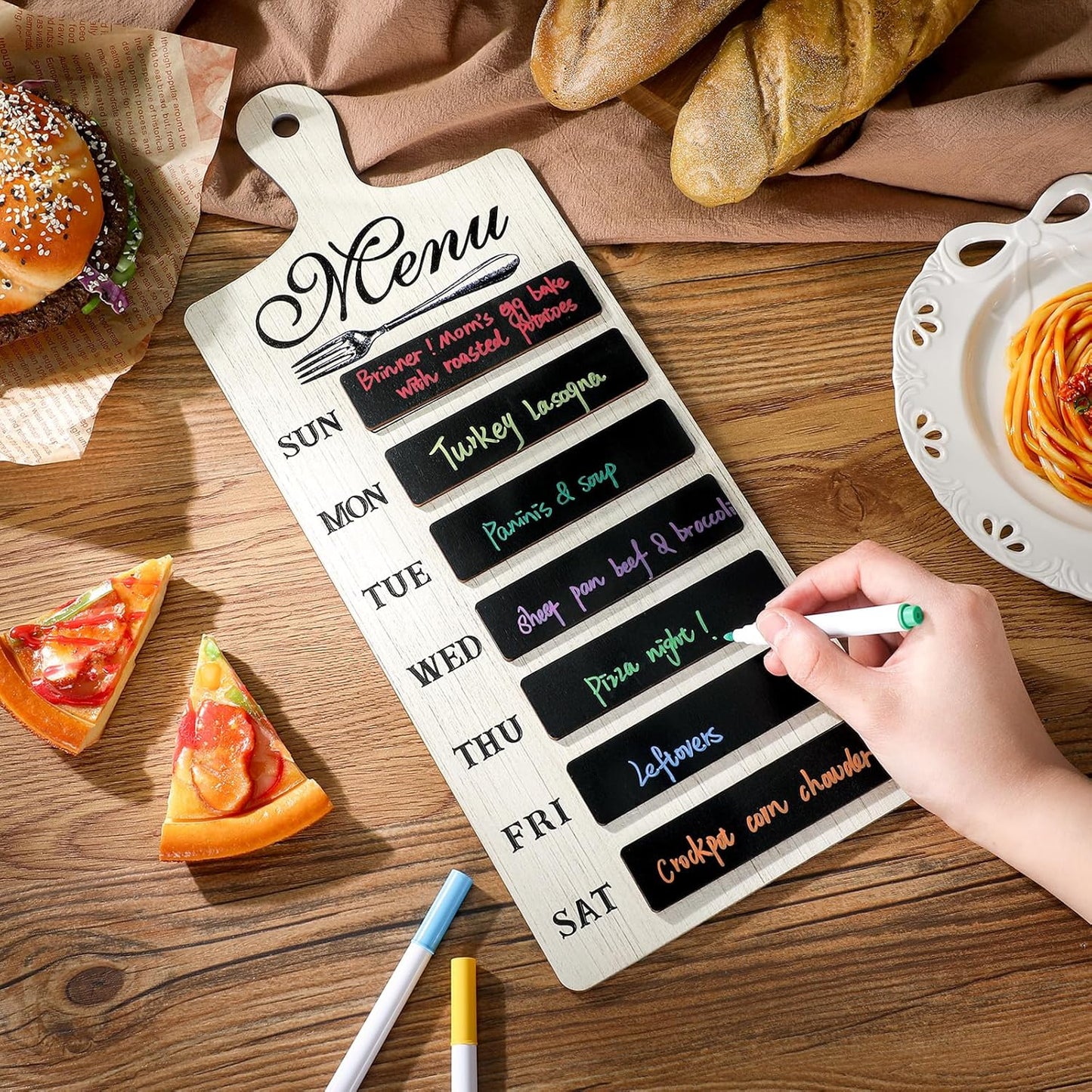 Maxdot Weekly Menu Board Kitchen 16.5 x 6.3 Inches Wood Menu Planner Board with 7 Markers and Towel Kitchen Weekly Planner Plaque Wall Signs for Dinning Room Home Decor