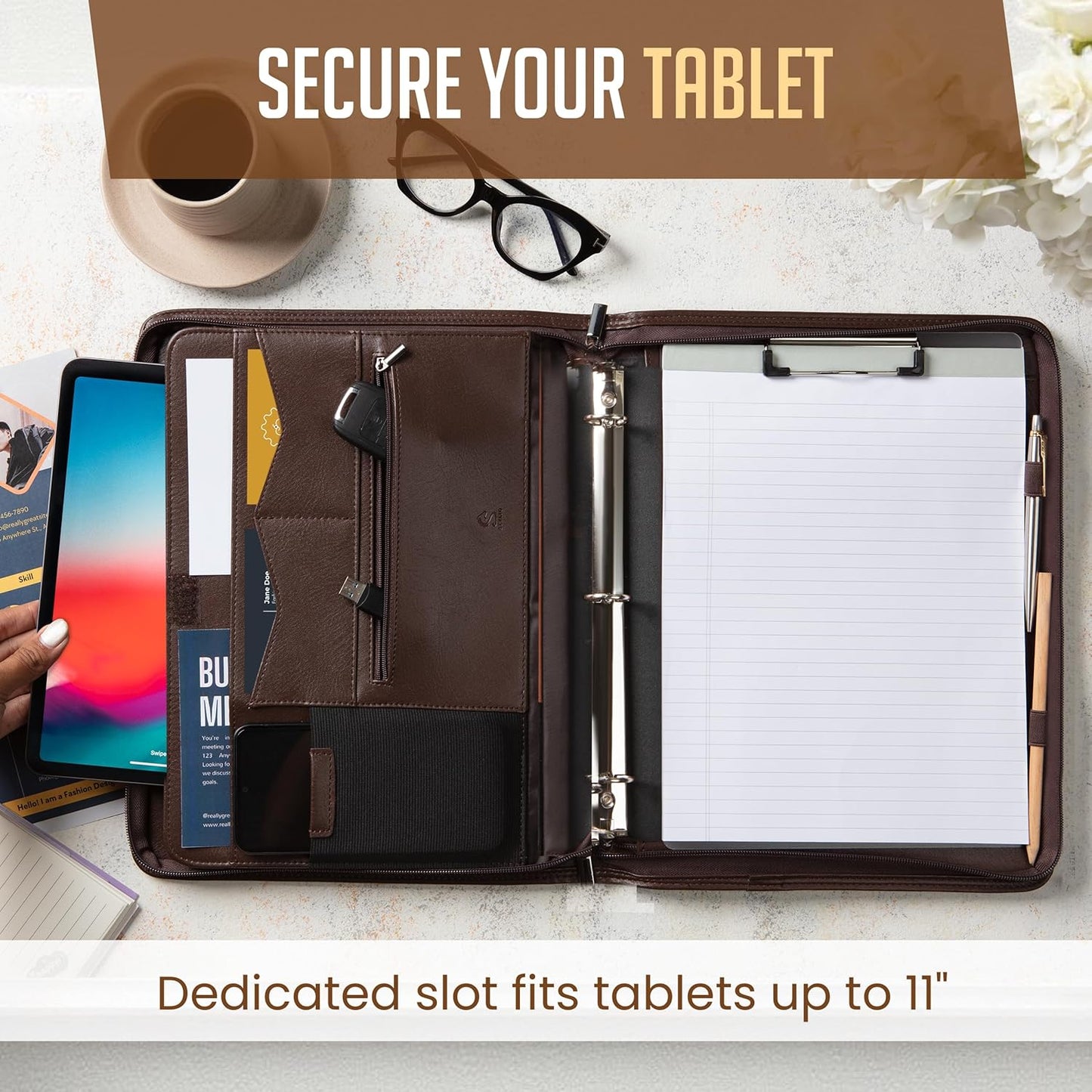 STYLIO Zipper Padfolio Portfolio Binder Organizer | Faux Leather Portfolio for Resume, Documents, Phone, Tablet, Business Supplies and Cards | Notebook Organizer with Letter Sized Notepad Included