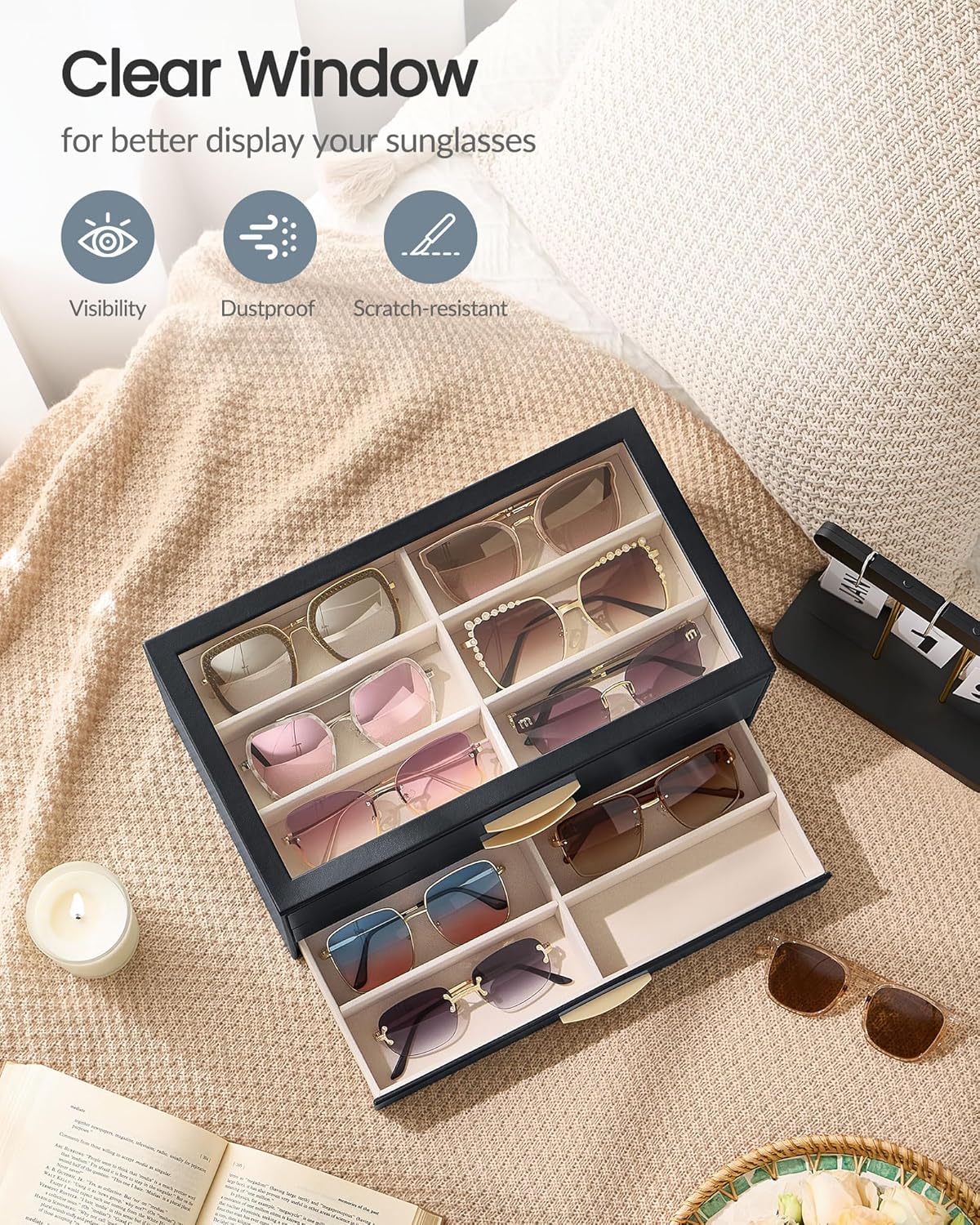 Lolalet Sunglasses Organizer for women, Multi Eyewear Storage Box with Drawer, Glasses Case Display Holder with Clear Top