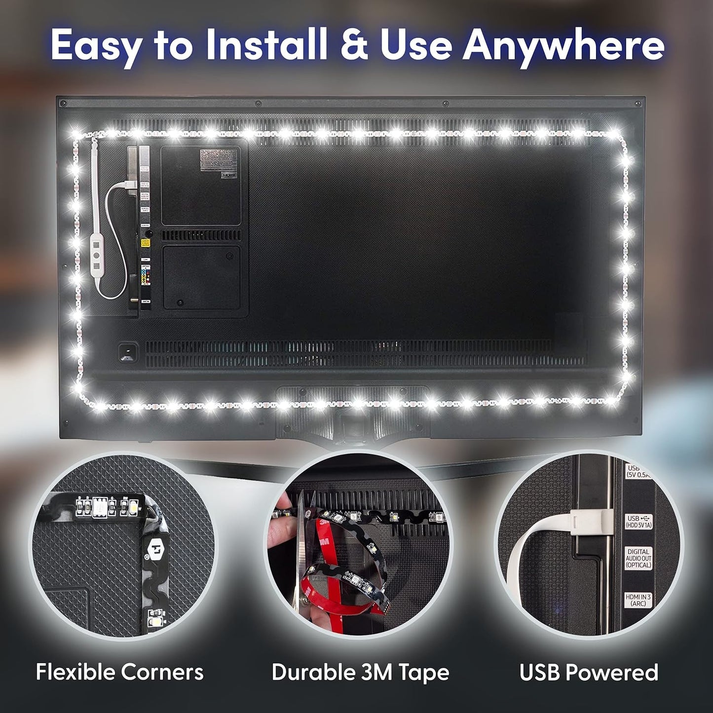 Luminoodle Color Bias Lighting, USB TV and Monitor Backlight LED Strip Lights Kit with Dimmer, Remote - 6.6 ft for 24" to 60" TV - Medium