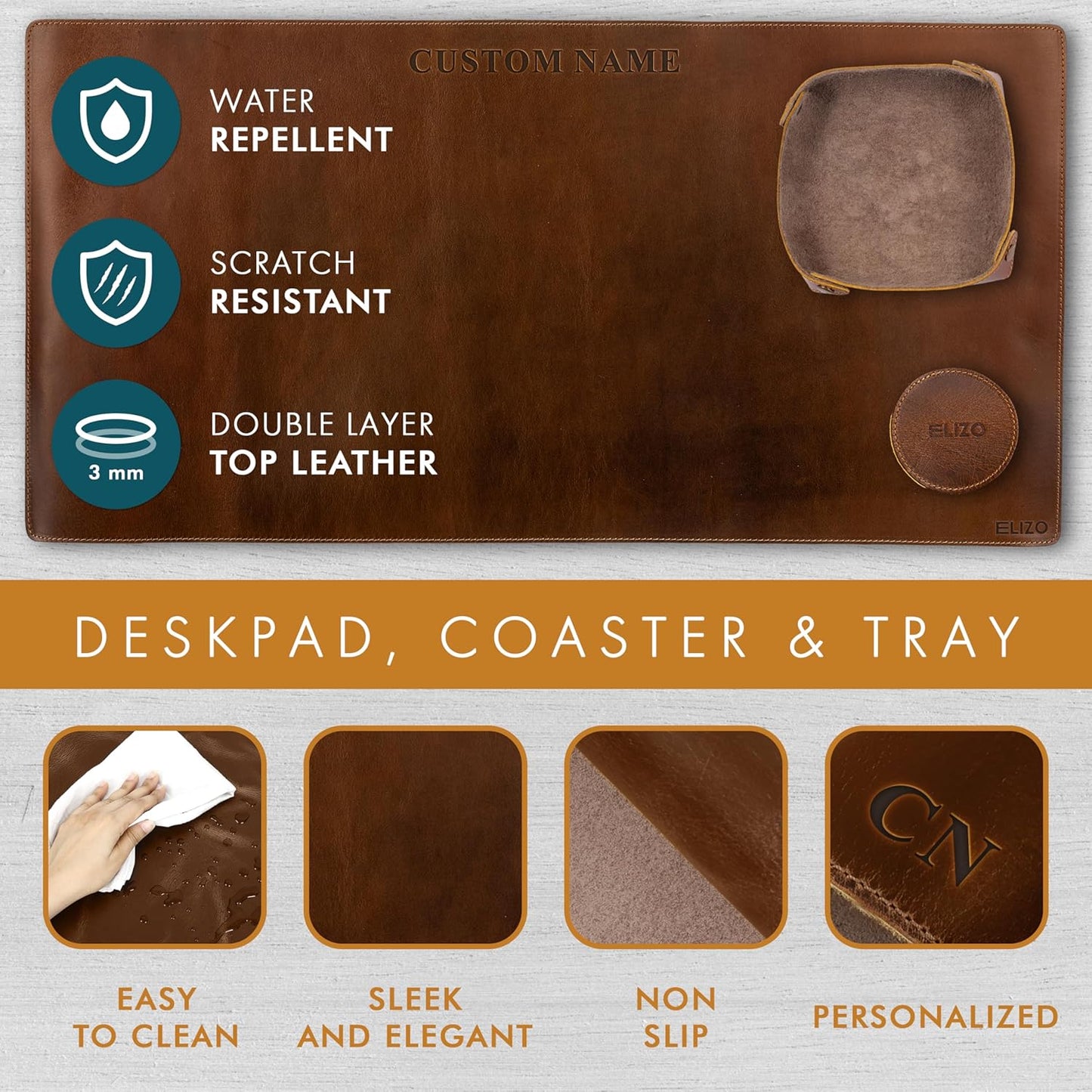 Elizo Real Leather Desk Mat Set (32x16) Large Desk Cover Desk Blotter Protector Computer Gaming Mouse Pad Table Laptop Office Desktop Accessories