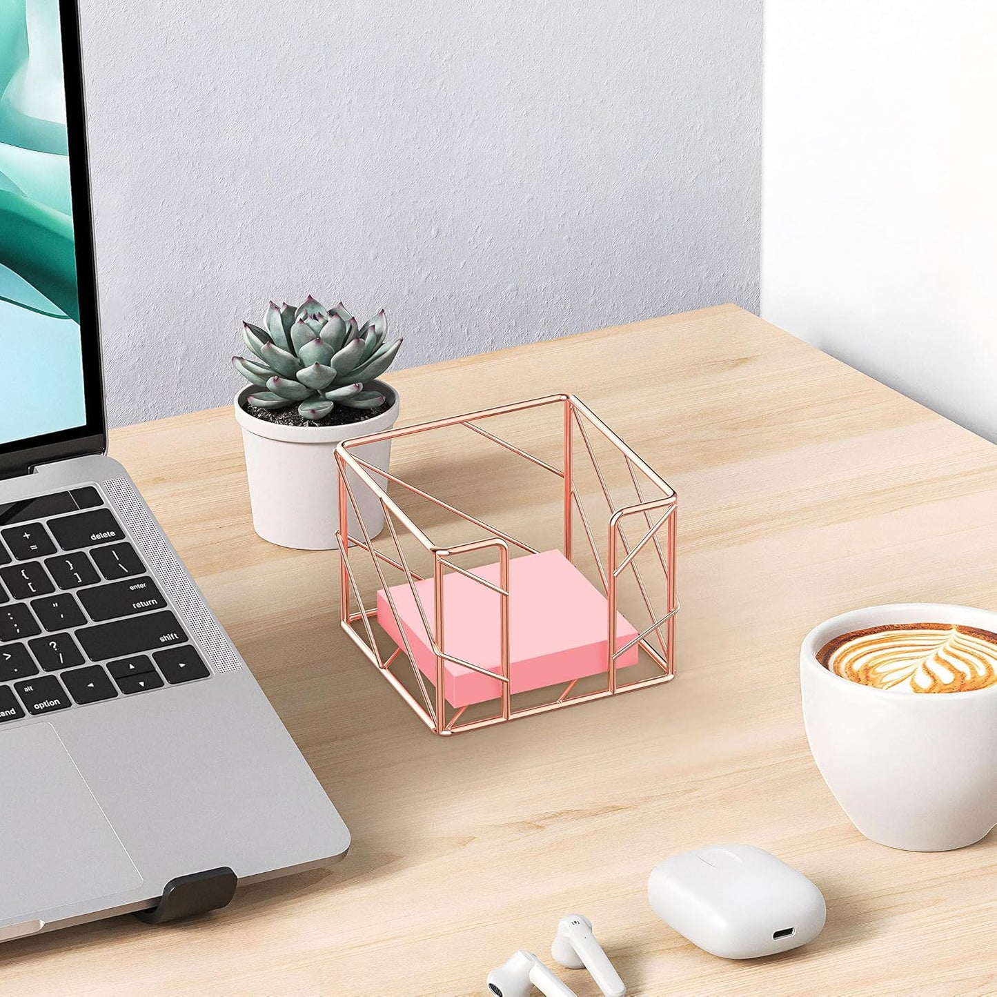 Rose Gold Geometric Sticky Note & Memo Cube Holder, Post Note Dispenser & Desk Organizer Metal Wire for Home, School, Office Supplies (Holder Only)