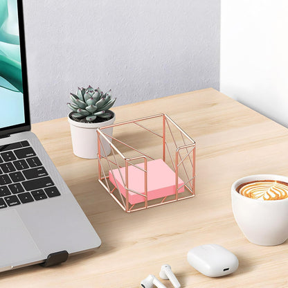 Rose Gold Geometric Sticky Note & Memo Cube Holder, Post Note Dispenser & Desk Organizer Metal Wire for Home, School, Office Supplies (Holder Only)