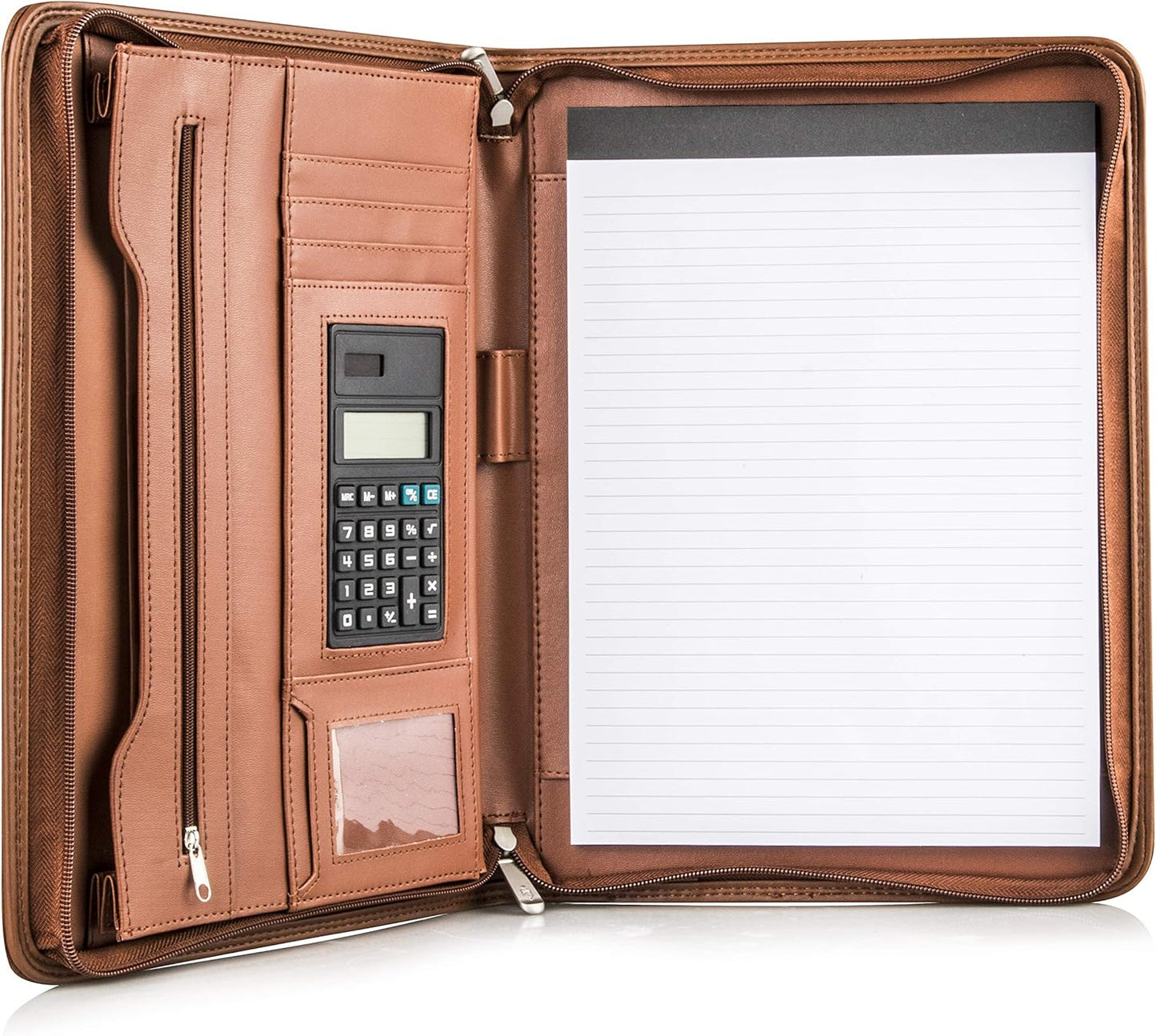 Cossini Black Superior Vegan Leather Business Portfolio with Zipper – Padfolio All-in-One. Smartest Protective 10.1 Inch Tablet Sleeve, Presentation Slot, Solar Calculator, Card Storage, Writing Pad
