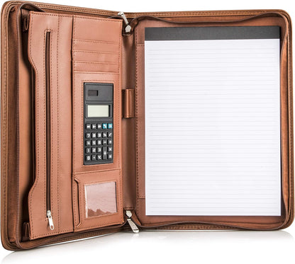 Cossini Black Superior Vegan Leather Business Portfolio with Zipper – Padfolio All-in-One. Smartest Protective 10.1 Inch Tablet Sleeve, Presentation Slot, Solar Calculator, Card Storage, Writing Pad