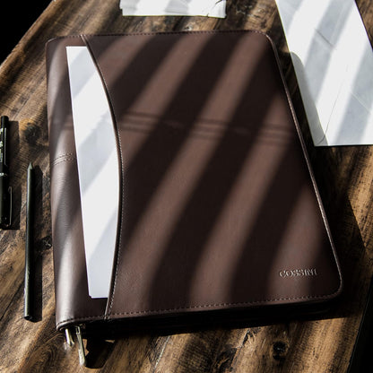 Cossini Black Superior Vegan Leather Business Portfolio with Zipper – Padfolio All-in-One. Smartest Protective 10.1 Inch Tablet Sleeve, Presentation Slot, Solar Calculator, Card Storage, Writing Pad