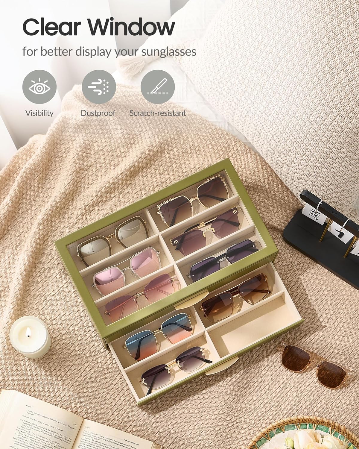 Lolalet Sunglasses Organizer for women, Multi Eyewear Storage Box with Drawer, Glasses Case Display Holder with Clear Top
