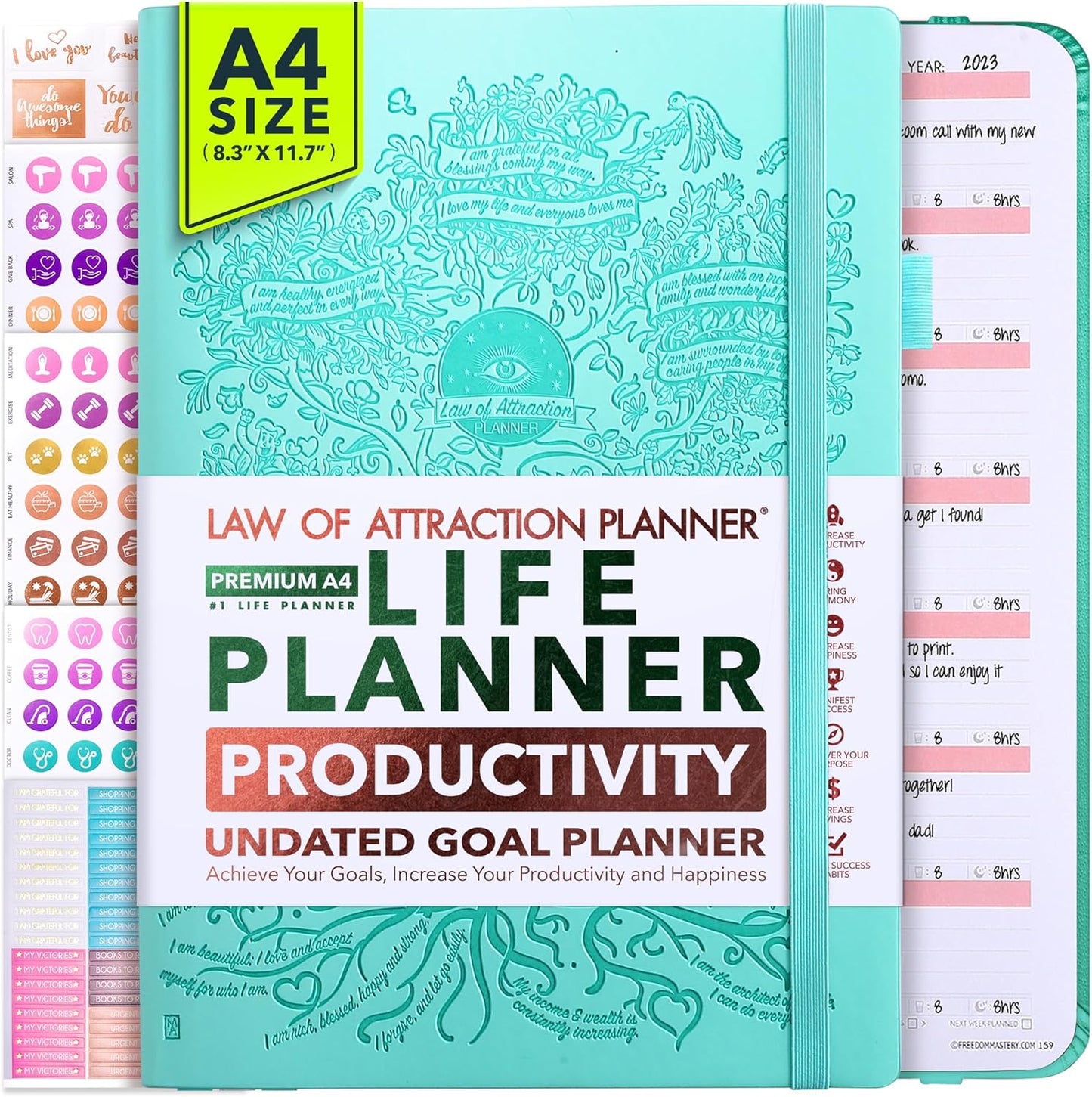Life Planner - Undated Weekly & Monthly Planner, 12-Month Journey to Increase Productivity | Gratitude Journal, Life Organizer & Goal Journal | Include Foldable Vision Board, Habit Tracker & Stickers