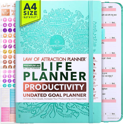 Life Planner - Undated Weekly & Monthly Planner, 12-Month Journey to Increase Productivity | Gratitude Journal, Life Organizer & Goal Journal | Include Foldable Vision Board, Habit Tracker & Stickers