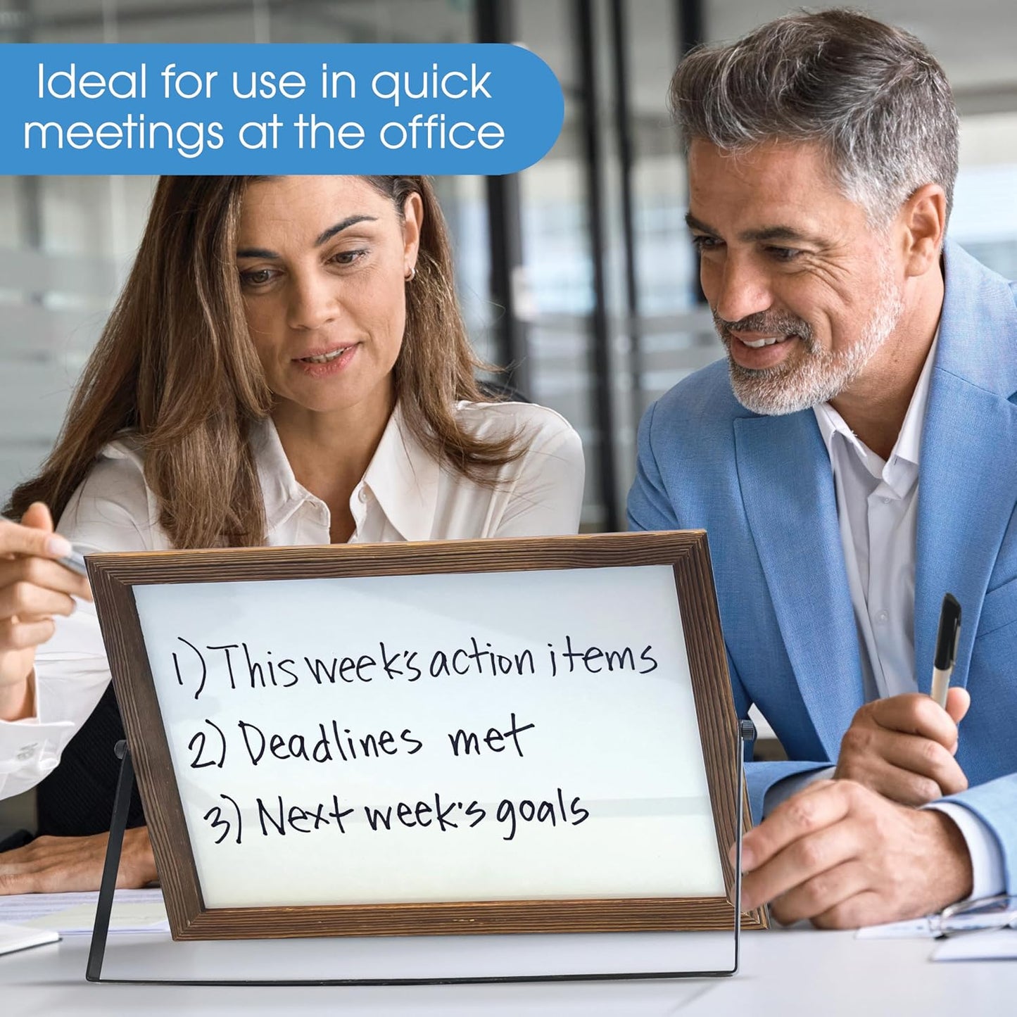 Wooden Framed Double Sided Magnetic Whiteboard with Folding Metal Stand, 16" x 12.5", Rustic Brown Color, Portable Desktop Dry Erase Board, with Marker, Eraser and 4 Magnets