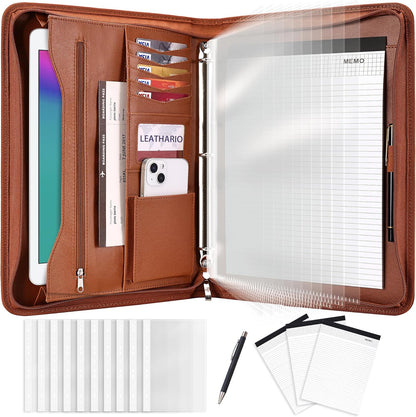 Leathario Portfolio Binder, Includes 10 Sheet Protectors and 3 Notepads, 3-Ring Folder Organizer, A4 Padfolio with Zipper, Vegan Leather Tablet Sleeve, Business Office Conference Clipboards