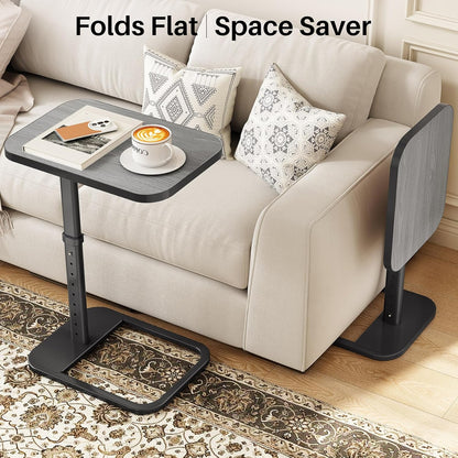 Kitstorack TV Tray Table, Adjustable Height & Flip-Top & Rounded Metal Corners, Snack Table for Couch, Sofa, Bed, Chair, Living Room, C Shaped End Side Table for Eating, Dinner or Laptop, Small Spaces