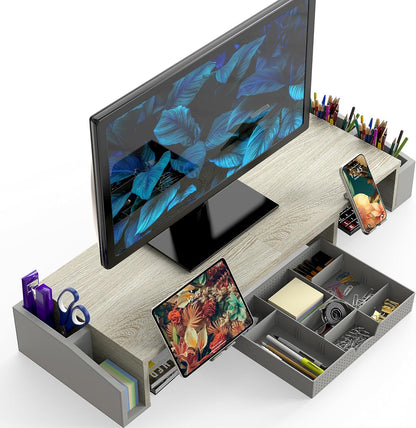 Simple Houseware Desk Dual Monitor Stand Riser with Drawer, Rustic Brown